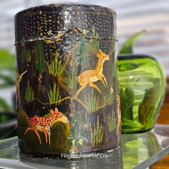 Kashmir India Forest Scene Hand Painted Lacquered Lidded Canister Leaping Deer - Picture 12 of 12